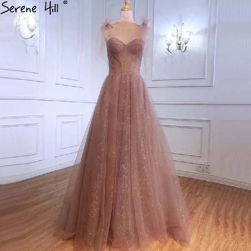 Evening dress with sleeves-Serene Hill Pink Sexy Evening Dresses Gowns 2024 A-Line Sleeveless Tulle For Women Party LA70920