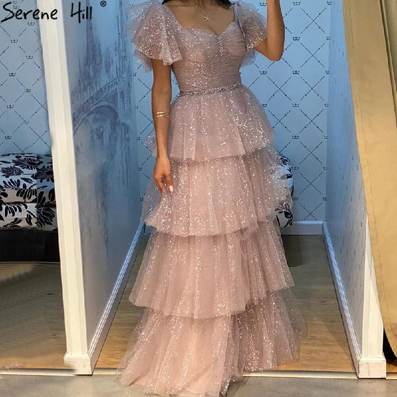 Evening dress with wrap design-Serene Hill Pink Sexy Luxury Evening Dresses Gowns 2024 A-Line Glitter Tiered Princess For Women Party LA70924