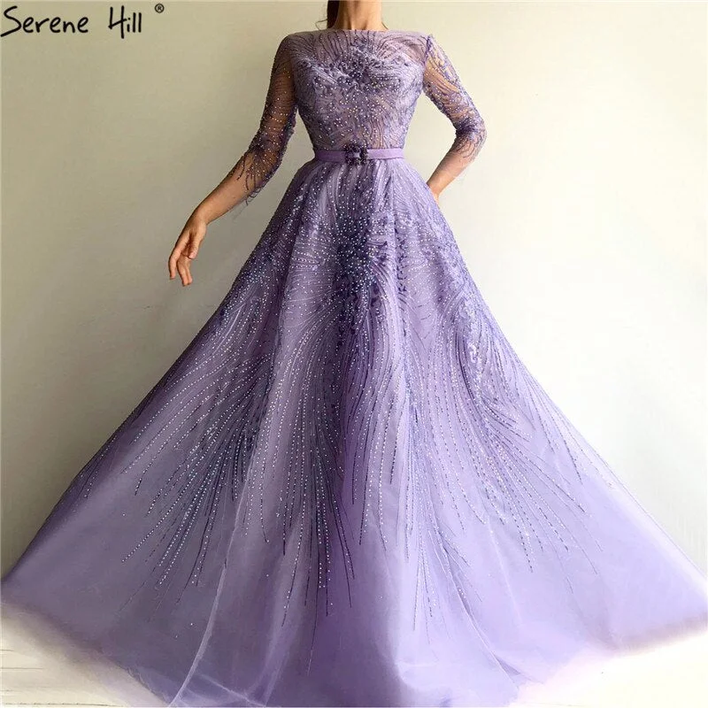 Evening dress with sheer sleeves-Serene Hill Purple Beading Sashes A-Line Evening Dresses Gowns 2024 Long Sleeves Luxury Elagant For Women Party LA70138