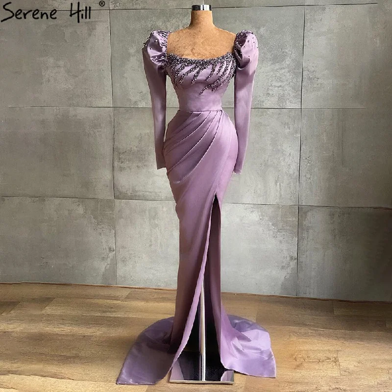 Evening dress with trumpet silhouette-Serene Hill Purple High Split Mermaid Evening Dresses Gowns 2024 Elegant Satin Beading For Women Party LA71090