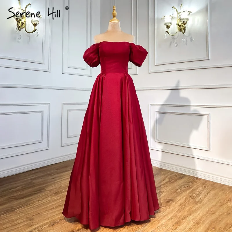 Long evening dress-Serene Hill Red A-Line Satin Evening Dresses Gowns 2024 Simple Off Shoulder Sexy For Women Party LA71286