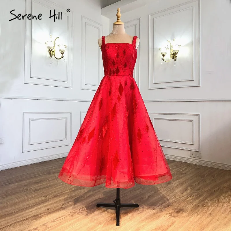 Evening dress with strapless design-Serene Hill Red Ankle-Length Evening Dresses Gowns 2024 Beaded A-Line Sexy For Women Wedding Party LA70913