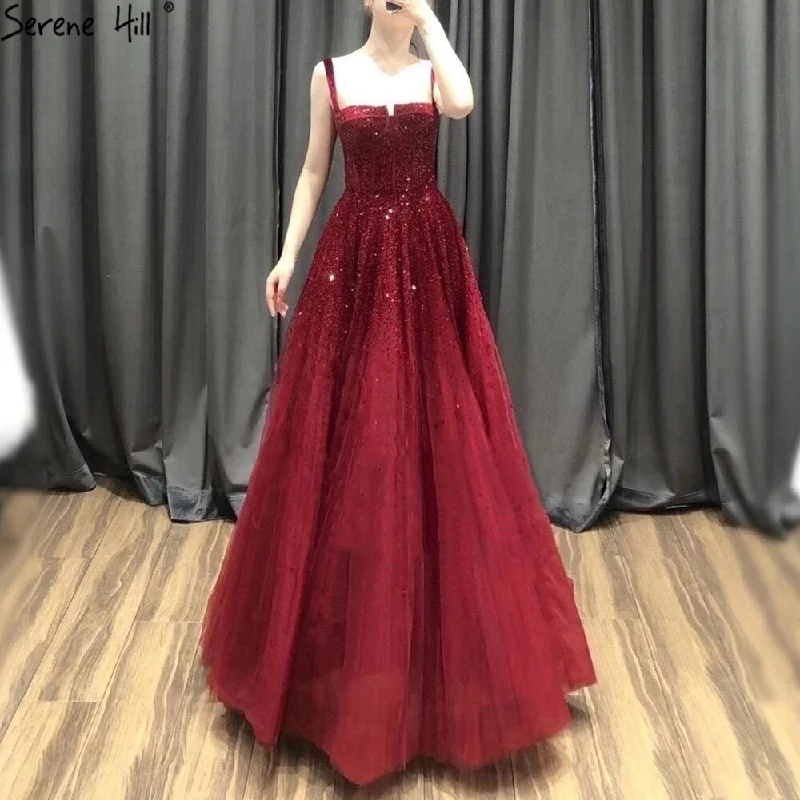 Evening dress with illusion neckline-Serene Hill Red Beading Evening Gowns 2024 Sleeveless A-Line Luxury Floor-Length Formal Dress Design LA70600