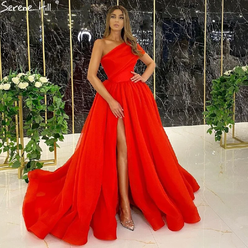 Evening dress with keyhole back-Serene Hill Red High Split Sexy Evening Gowns 2024 A-Line One shoulder Simple Formal Dress Design LA71114