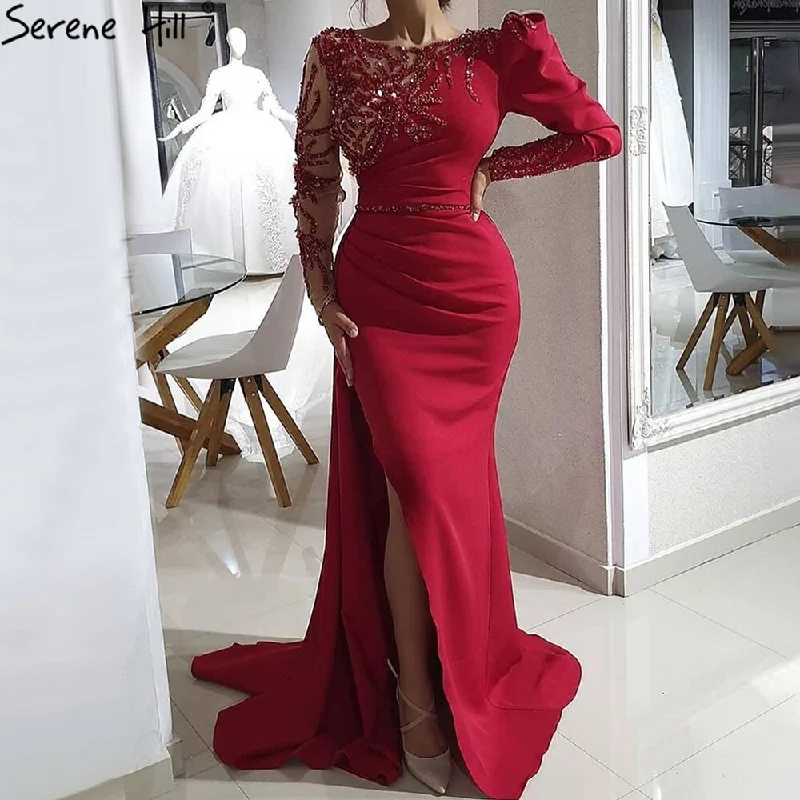 Evening dress with empire waist-Serene Hill Red Mermaid Split Evening Dresses Gowns 2024 Satin Beading Elegant Sexy For Women Party LA70992