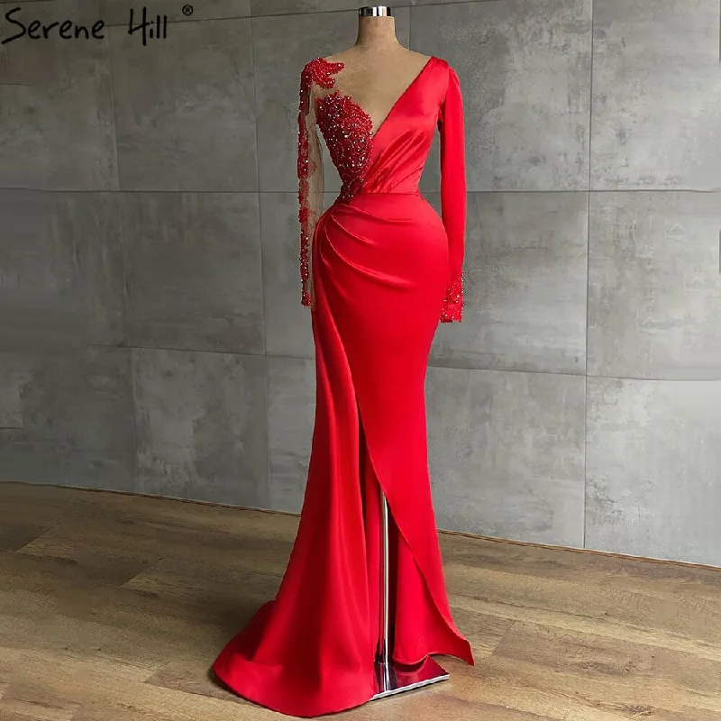 Blue evening dress-Serene Hill Red Muslim Mermaid Split Evening Dresses Gowns 2024 Satin Beading Elegant For Women Party LA71032