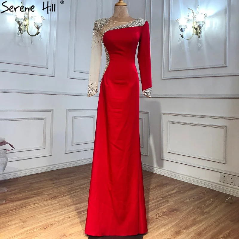 Evening dress with beaded bodice-Serene Hill Red Satin Mermaid Evening Dresses Gowns 2024 Elegant Beaded Sexy For Women Wedding Party LA71152