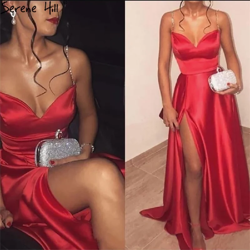 Metallic evening dress-Serene Hill Red Spaghetti Strap Sexy Evening Dresses 2024 Soft Satin High Split A-Line For Women Party LA71208