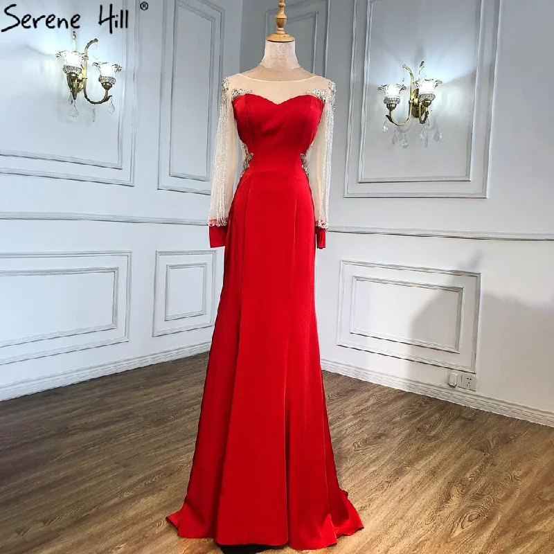 Evening dress with asymmetrical hem-Serene Hill Red Tassel Beaded Evening Dresses Gowns 2024 Satin Mermaid Elegant For Women Party LA6618