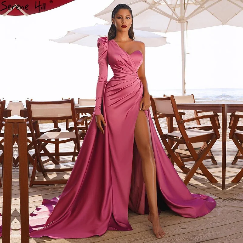 Evening dress with illusion skirt-Serene Hill Rose Simple Satin  Sexy Evening Dresses Gowns 2024 One Shoulder A-Line High Split For Women Party LA70876