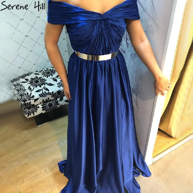 Plus size evening dress-Serene Hill Royal Blue Simple Sartin Evening Dresses Gowns 2024 High Split A-Line Sexy For Women Party LA71301