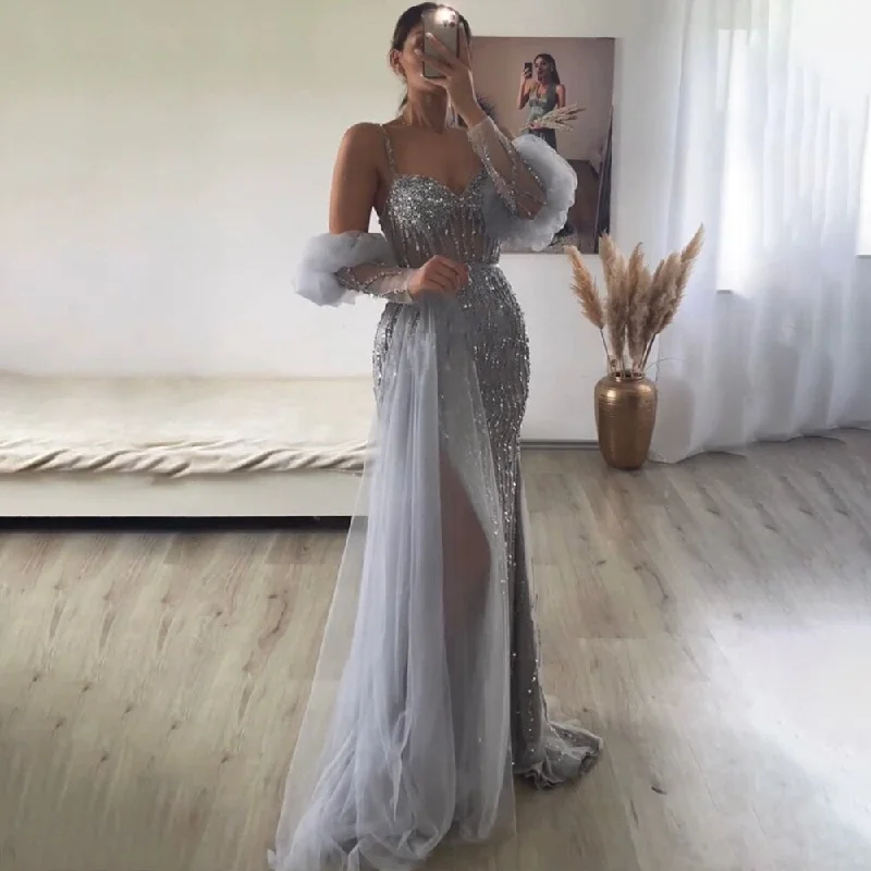 Evening dress with plunging neckline-Serene Hill Sexy Gray Beaded  Party High Split  Spaghetti Straps Mermaid Balloon Sleeves Evening Dresses Gowns 2024 LA71571A