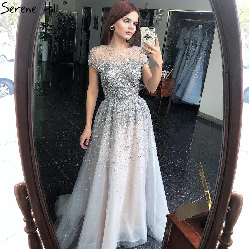 Evening dress with crystals-Serene Hill Silver A-Line Tulle Evening Dresses 2024 Dubai Short Sleeves Beading Formal Dress Design LA70715