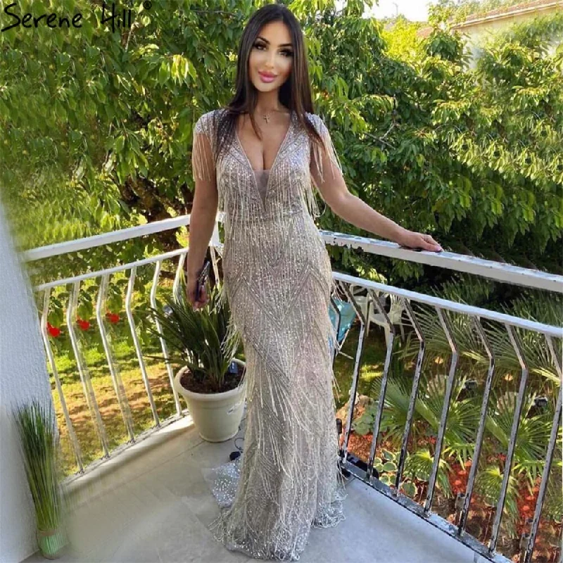 Evening dress with floral print-Serene Hill Silver Beading Tassel Luxury Evening Dresses Gowns 2024 Cap Sleeves Mermaid Elegant For Women Party LA60830