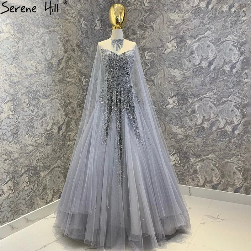 Evening dress for parties-Serene Hill Silver Luxury A-Line Evening Dresses Gowns 2024 With Cape Beaded Sexy For Woman Party LA70644