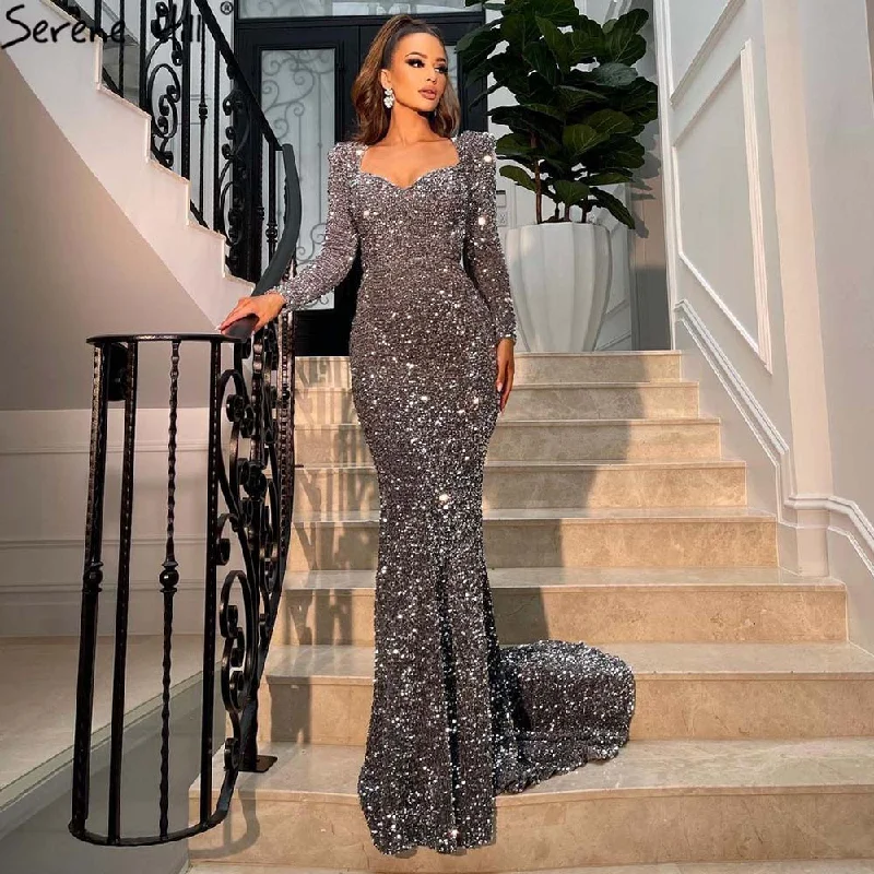 Evening dress with chiffon-Serene Hill Silver Mermaid Luxury Evening Dresses Gowns 2024 No Split Elegant For Women Party LA71390