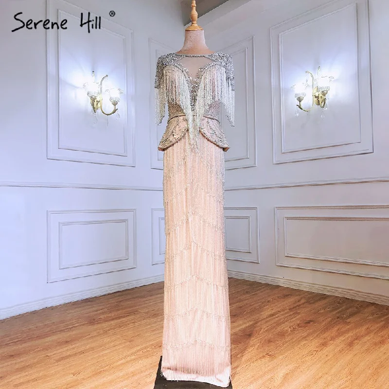 Evening dress with velvet-Serene Hill Silver Nude Cap Sleeves Evening Dresses Gowns 2024 Mermaid Beaded Luxury Elegant For Woman Party LA71296