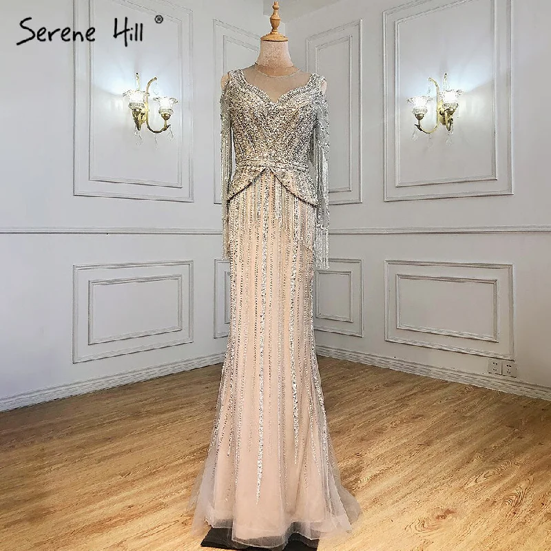 Formal evening dress-Serene Hill Silver Nude Luxury Elegnat Evening Dresses Gowns 2024 Mermaid Beaded Tassel For Woman Party LA71295