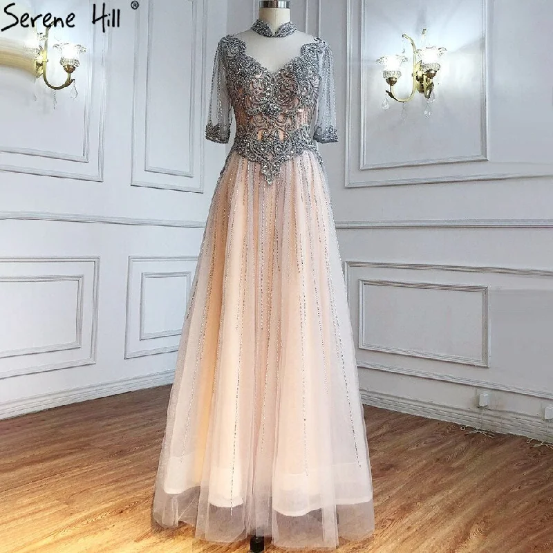 Navy evening dress-Serene Hill Silver Nude Luxury Evening Dresses Gowns 2024 Beaded A-Line Sexy For Woman Wedding Party  LA71186