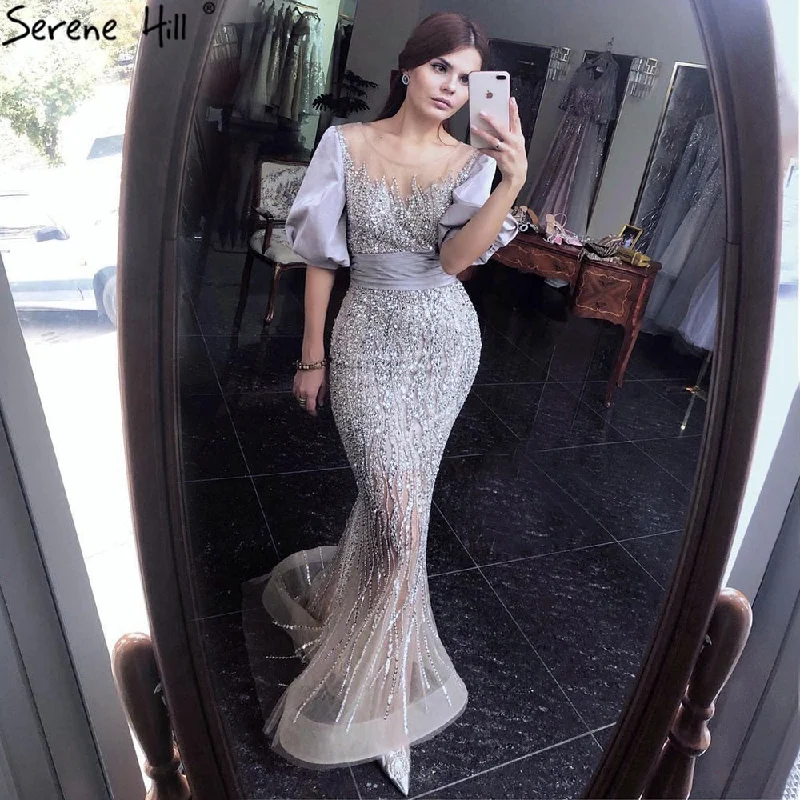 Sleeveless evening dress-Serene Hill Silver Nude Luxury Mermaid  Beading Evening Dresses Gowns  Puffy Sleeves Elegant For Women Party  LA70809