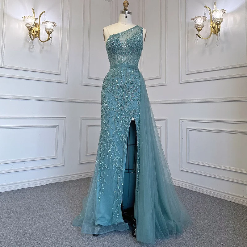 Evening dress with modern design-Serene Hill Turquoise Mermaid Elegant With Skirt Sexy High Split Evening Dresses Gowns Luxury Beaded Crystal 2024 Women LA71582A