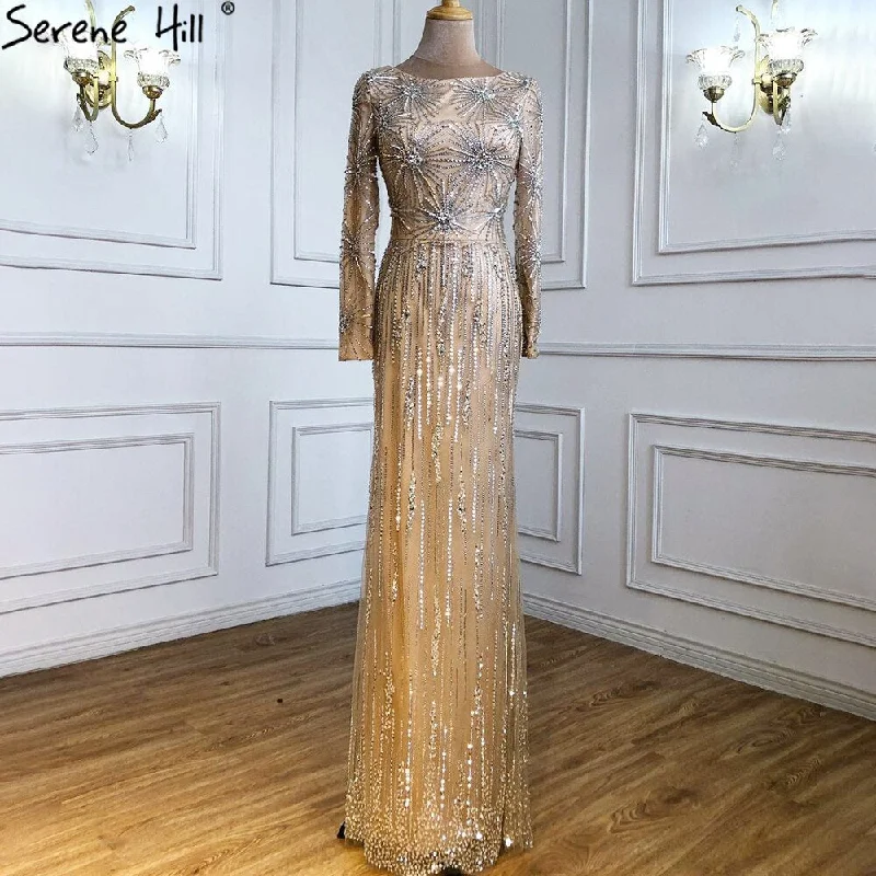 Pink evening dress-Serene Hill Ｍuslim Champagne Elegant Evening Dresses Gowns 2024 Mermaid Luxury Beaded For Woman Wedding Party LA71191