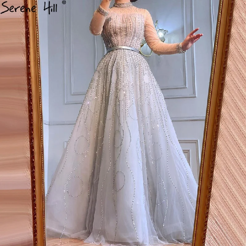 Classic evening dress-Serene Hill Ｍuslim Grey A-Line Luxury Evening Dresses Gowns 2024 Long Sleeves Beading For Woman Wedding Party LA71014