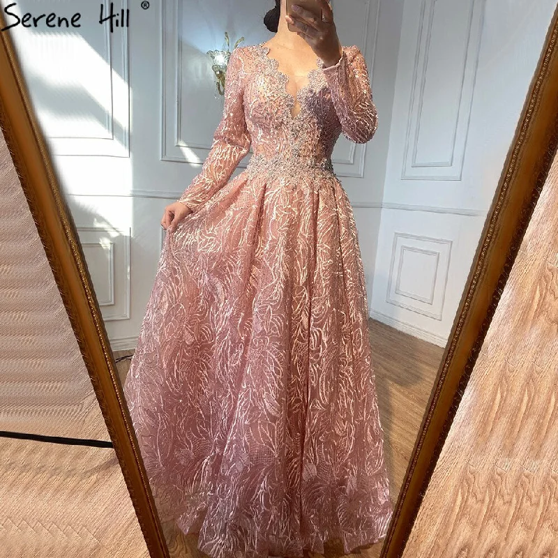 Evening dress with lace-Serene Hill Ｍuslim Luxury Pink Evening Dresses Gowns 2024 Beading Lace A-Line For Woman Wedding Party LA71029