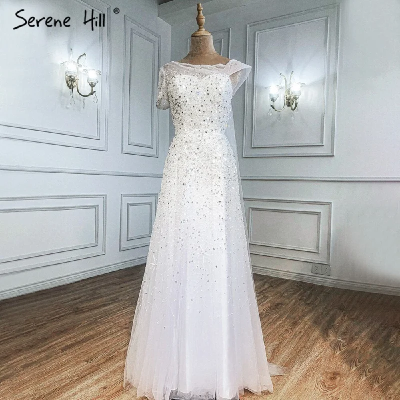 Evening dress with sweetheart neckline-Serene Hill White Beaded Sexy Evening Dresses Gowns 2024 One Shoulder A-Line For Women Wedding Party LA71293