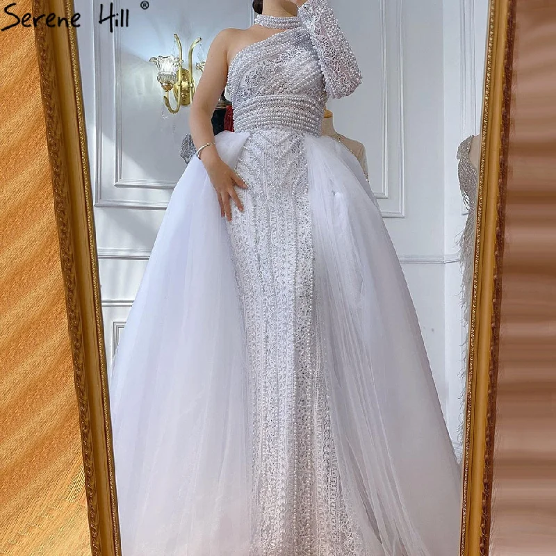 Evening dress with sheer sleeves-Serene hill White High Collar One Shoulder 2024 Pearls Lace  Party Wear Luxury Mermaid Evening Formal Dresses For Women LA70462