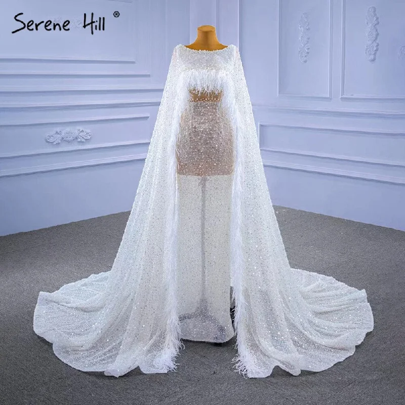 Evening dress with slit-Serene Hill White High-end Luxury Evening Dresses Gowns 2024 Beaded Feather Cape Sleeve For Women Party HM67305