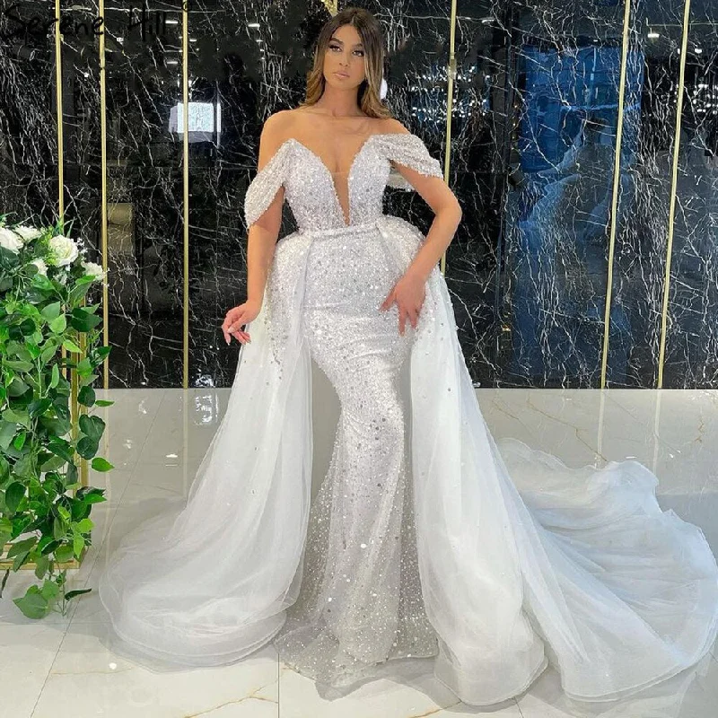 Evening dress with fringe-Serene Hill White Luxury Detachable Skirt Evening Dresses Gowns 2024 Mermaid Beading Elegant For Women Party LA71106