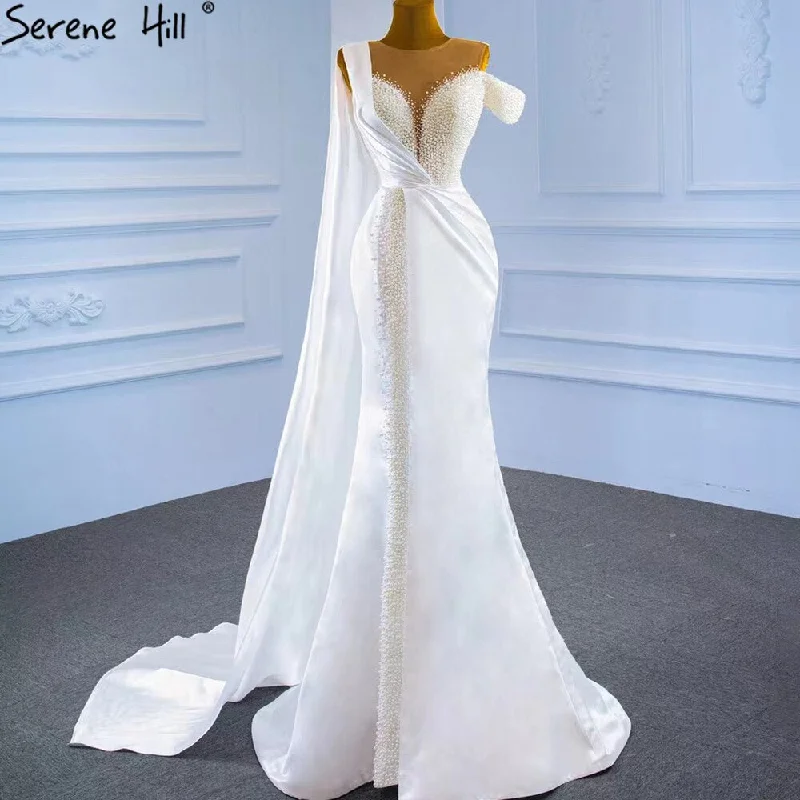 Evening dress with trumpet silhouette-Serene Hill White Mermaid With Train Evening Dresses Gwons 2024 Satin Pearls Elegant Sexy For Women Party HM67238