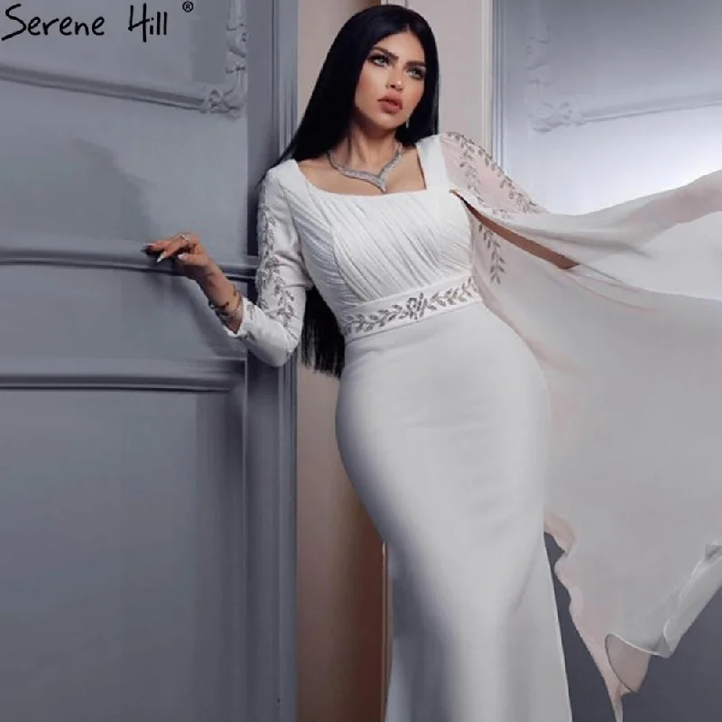 Two-piece evening dress-Serene Hill White Satin Cape Sleeve Evening Dresses Gowns 2024 Mermaid Elegant Sexy For Women Party LA70712