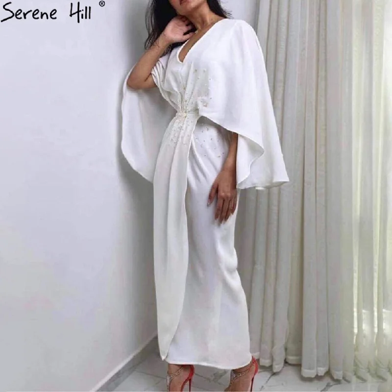 White evening dress-Serene Hill White Satin Mermaid Evening Dresses Gowns 2024 Batwing Sleeves Ankle Length For Women Party LA70681