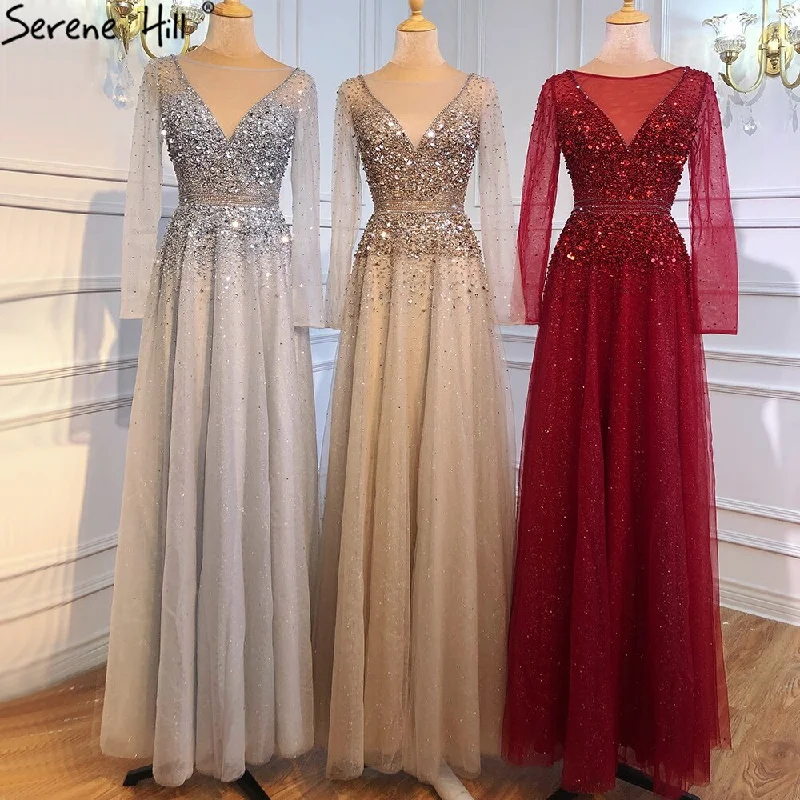 Plus size evening dress-Serene Hill Wine Red A-Line Evening Dresses 2024 Dubai Beading Long Sleeves Sexy Formal Dress Design LA70734