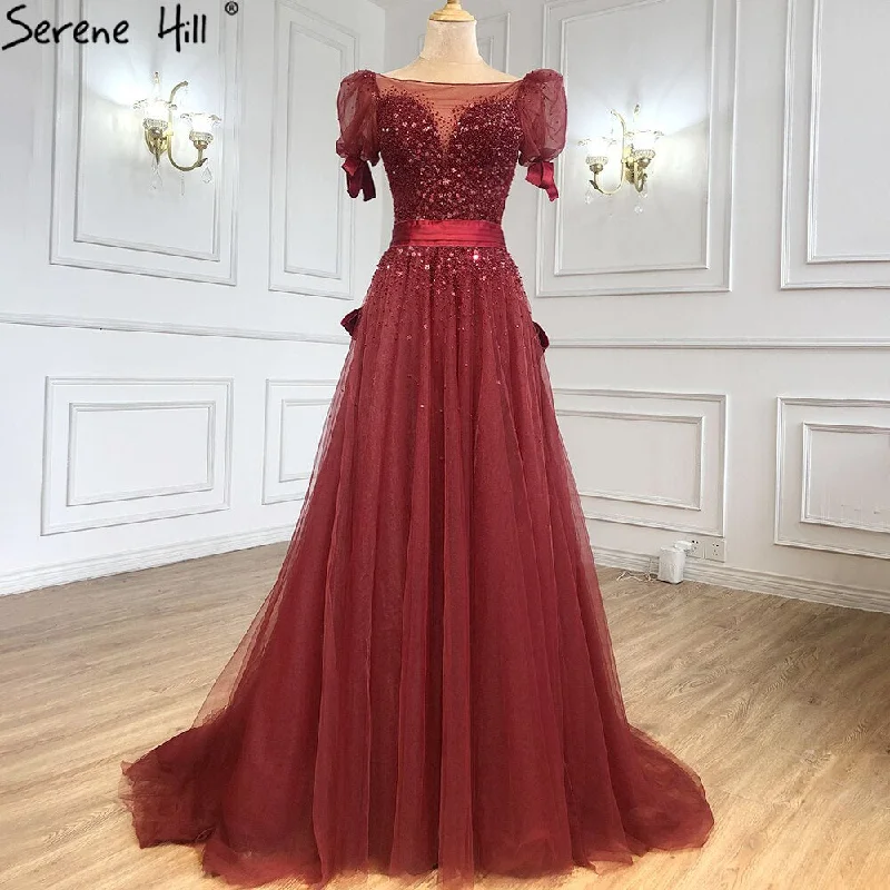 Green evening dress-Serene Hill Wine Red A-Line Evening Dresses Gowns 2024 Beaded Bow Puffy Sleeves For Women Party LA71281