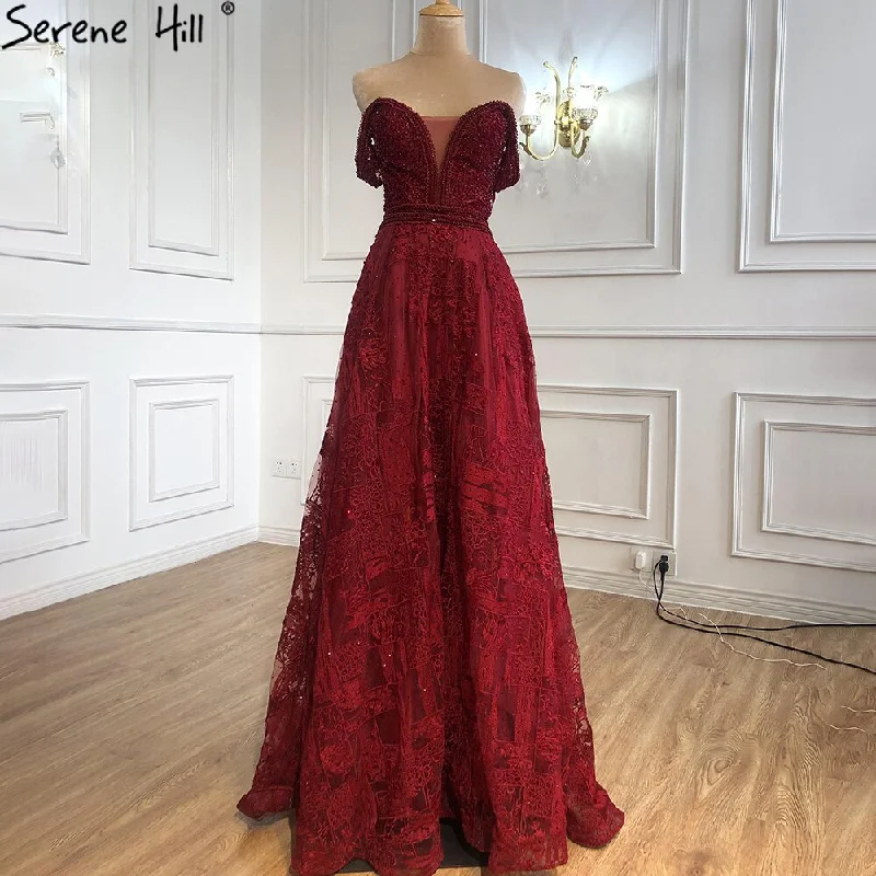 Pink evening dress-Serene Hill Wine Red A-Line Luxury Evening Dresses Gowns 2024 Crystal Sweetheart Sexy For Women Party LA71025