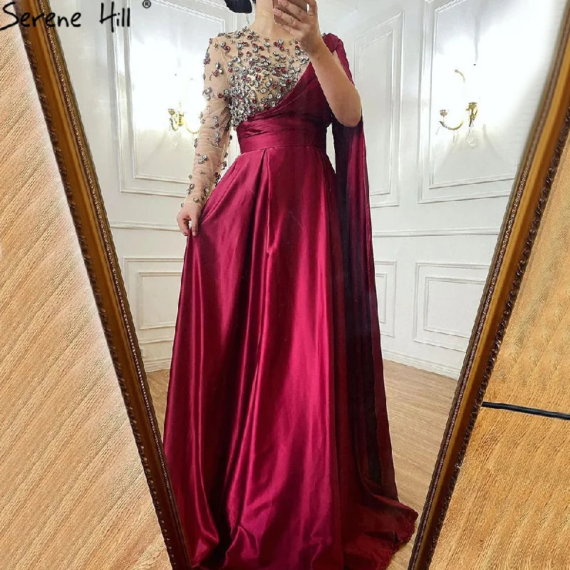 Evening dress with ruffled hem-Serene Hill Wine Red A-Line Luxury Evening Dresses Gowns 2024 One Shoulder Diamonds Satin For Woman Party LA70923