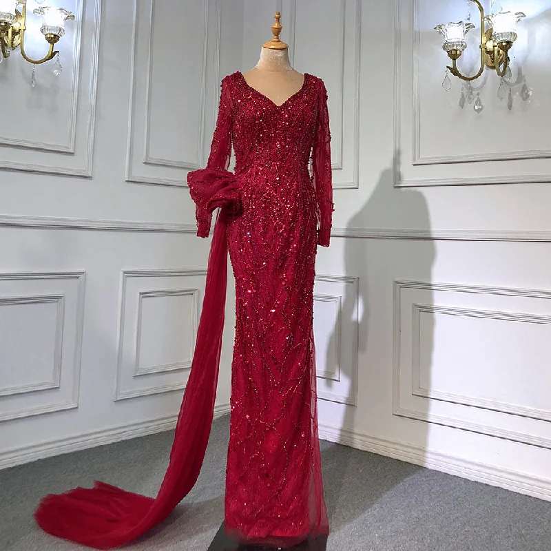 Evening dress with sequins-Serene Hill Wine Red Elegant Mermaid Evening Dresses Gowns 2024 Luxury Beaded Overskirt For Women Party LA71642