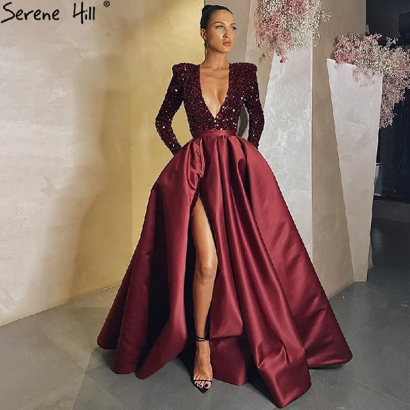 Evening dress with flared skirt-Serene Hill Wine Red High Split Evening Dresses Gowns 2024 Luxury Sparkle Mikaduo For Woman Party LA71062