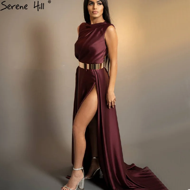 Bohemian evening dress-Serene Hill Wine Red High Split Evening Dresses Gowns 2024 Sashes Simple Satin A-Line For Women Party LA71137