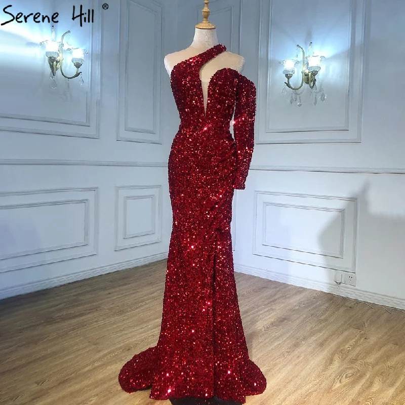 Evening dress with embroidery-Serene Hill Wine Red Mermaid Sparkle Evening Dresses Gowns 2024 Luxury Elegant One Shoulder For Women Party LA71306