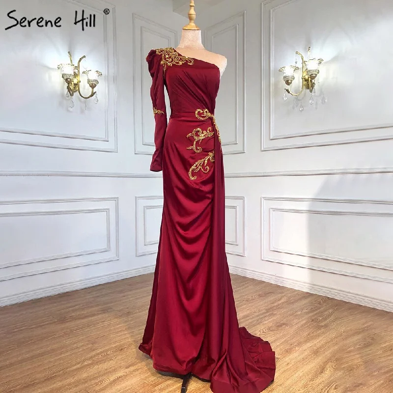 Evening dress with metallic thread-Serene Hill Wine Red Satin Overskirt Evening Dresses Gowns 2024 Mermaid Elegant Sexy For Women Party LA71322