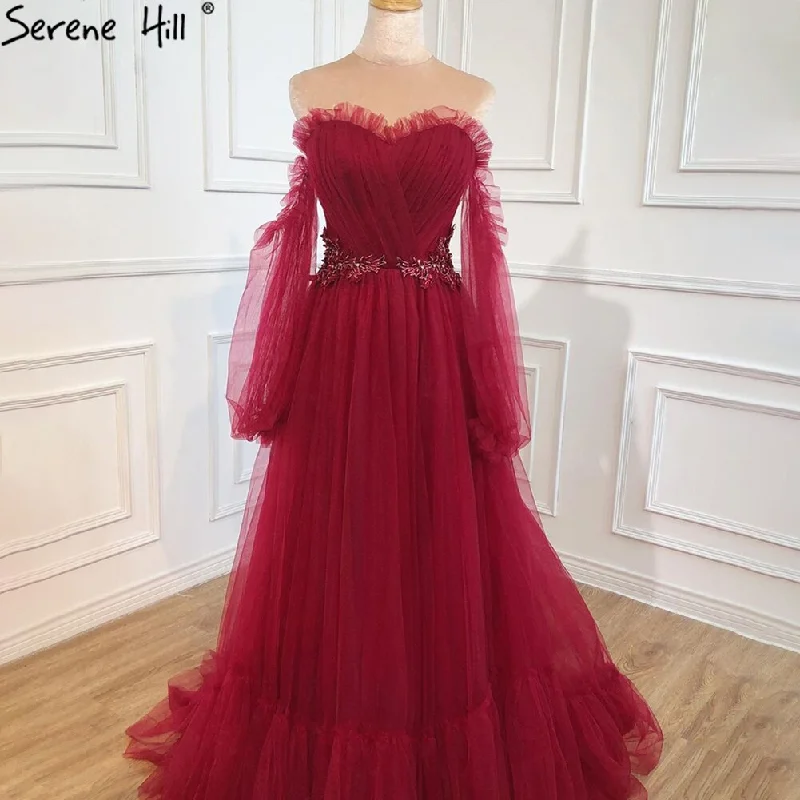 Evening dress with sweetheart neckline-Serene Hill Wine Red Simple Sexy Evening Dresses Gowns 2024 Long Puff Sleeves Lace Up For Women Party Dress HA2443