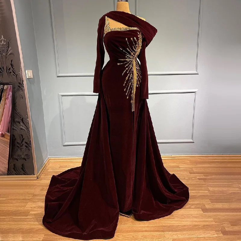 Evening dress with sweetheart neckline-Serene Hill Wine Red Velour Overskirt Evening Dresses Gowns 2024 Mermaid Elegant Luxury For Women Party LA71517