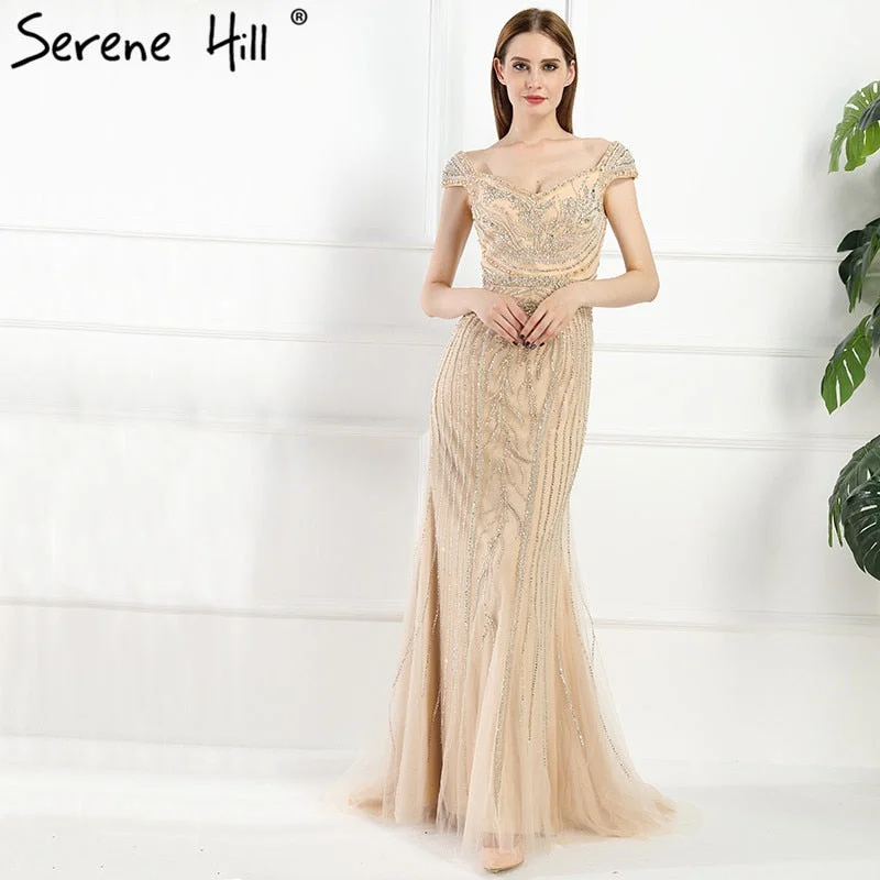 Evening dress for cocktail-Sexy  Off Shouler Diamond Gold Nude Mermaid Evening Dresses Sparkly Evening Gown  2024  Real Photo LA6110