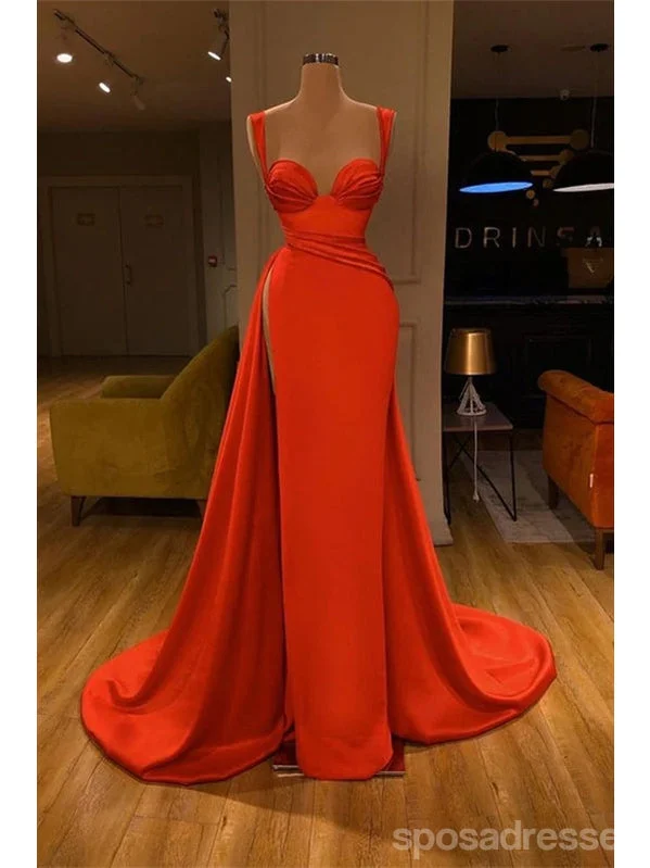 Evening dress with ruffles-Sexy Red Mermaid Straps High Slit Cheap Long Prom Dresses Online,12899