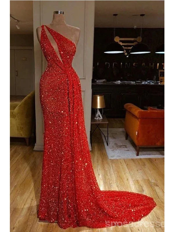 Evening dress with embroidery-Shiny Mermaid One Shoulder Red Long Prom Dresses,Evening Party Dresses,12852