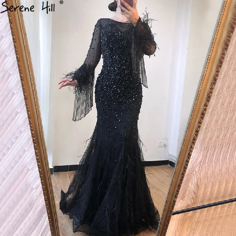 Evening dress with fitted bodice-Silver  Long Sleeve Dubai Design Evening Dresses O-Neck Feathers Crystal Luxury Evening Gowns 2024 Serene Hill LA60912